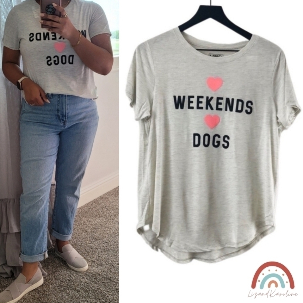 New! Modern Lux Love Dogs Weekend Graphic Short Sleeve Hearts T-Shirt Top